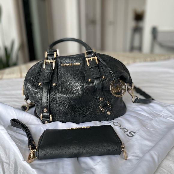 Michael Kors handbag & continental wristlet wallet. Black leather, gold hardware - Picture 2 of 9